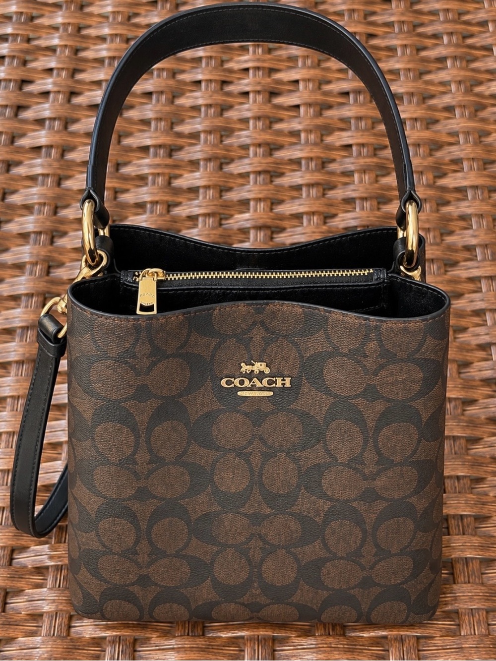 Coach Brown Signature Canvas Shoulder Bag with Gold Hardware